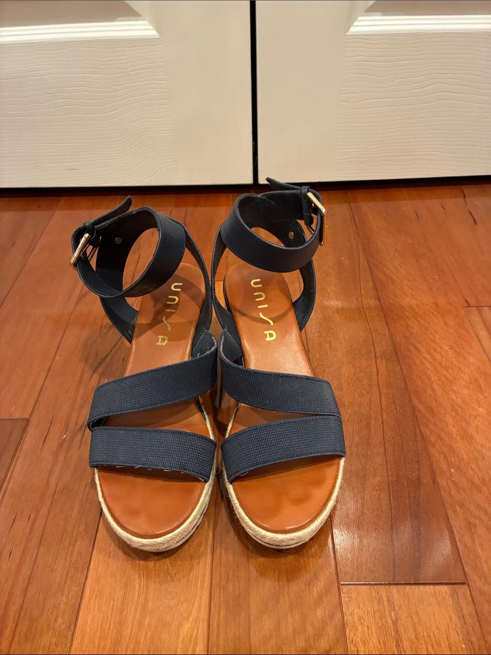 Unisa Navy Espadrille Wedge Sandals with Ankle Buckle